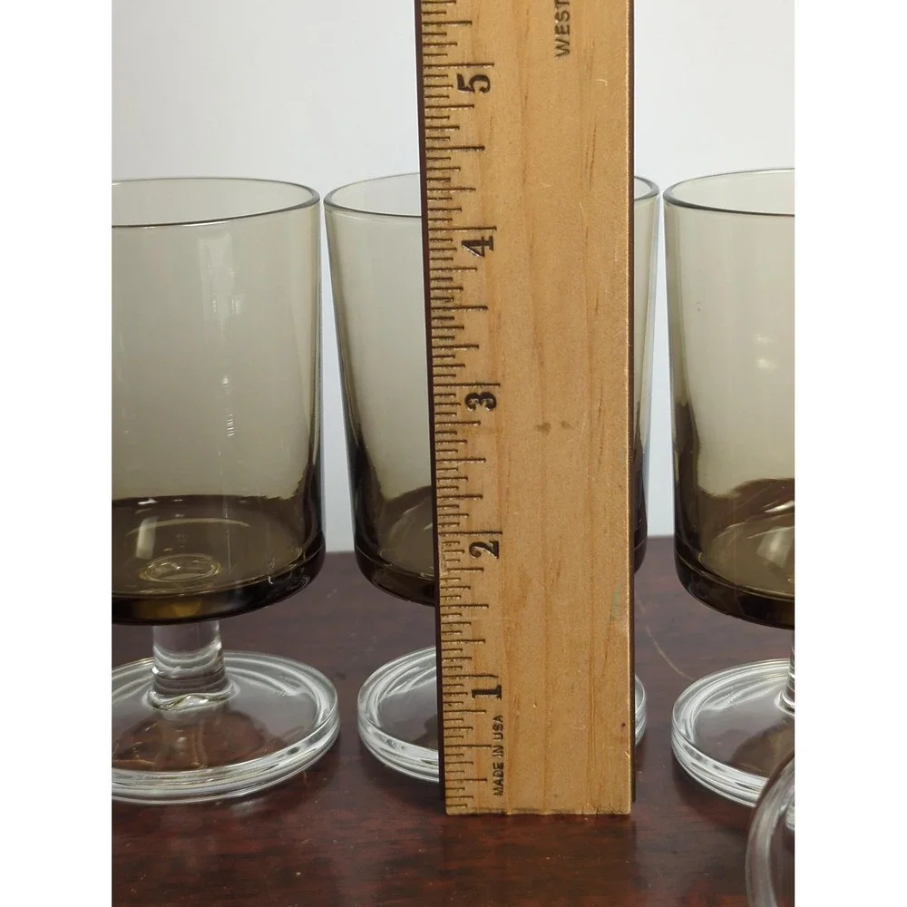 Vintage Smoked Brown Wine Glasses Set of 5 French Mid Century Barware Goblets